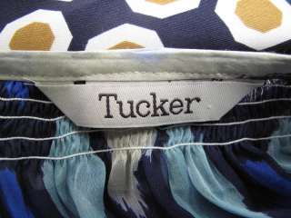 Tucker Blue/Beige Ikat Print Sheer Button Down Long Sleeve Blouse S/M 