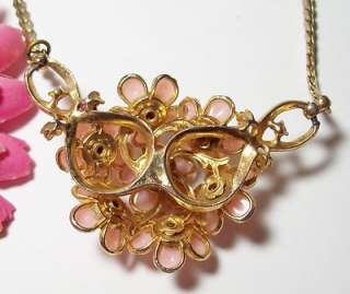 Rose Pink Flower Blossoms Rhinestone Vintage Necklace♦  