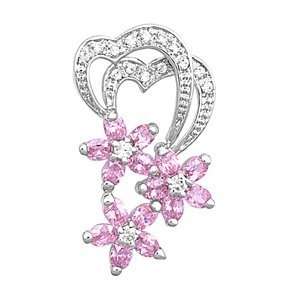   Silver & Pink CZ Double Heart & Triple Flowers Pendant Jewelry