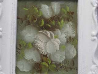 SIGNED PAINTING OF WHITE ROSES in ORNATE FRAME WALL DECOR~Shabby 