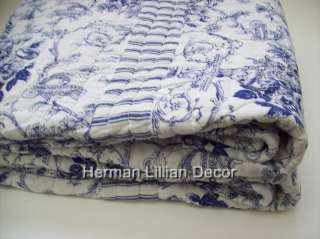 Izzie Blue and White Toile Ticking 50 x 60 100% Cotton Quilted 