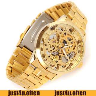 Luxury Golden Skeleton Transparant S Steel Mens Mechanical Wrist Watch 
