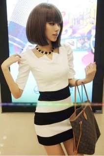 New Fashion Women Korea Stripes Puff Sleeve Spliced Mini Dress Free 