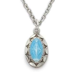 Sterling Silver 1/2 Engraved Oval Blue Enameled Miraculous Medal on 