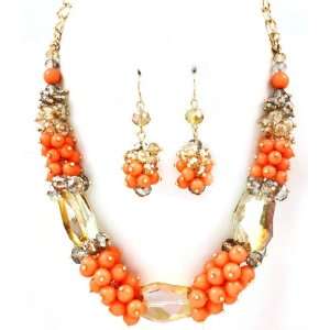    Gold and Coral Necklace and Earring SET / Bead / Metal Casting 