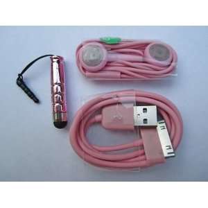  iPhone/iPod Usb Cable + Earphones + Mini Stylus   Pink 