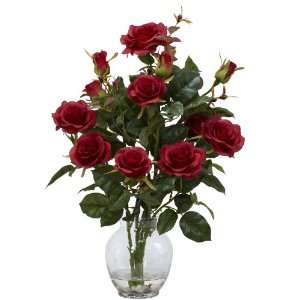  Real Looking Rose Bush w/Vase Silk Flower Arrangement Red Colors 