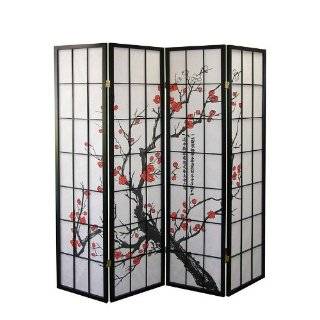 Four Panel Room Divider with Plum Blossom Design in Black