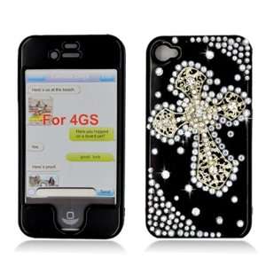 iPhone 4/4s Bling crystal Rhinestone 3D Cross cover Black 
