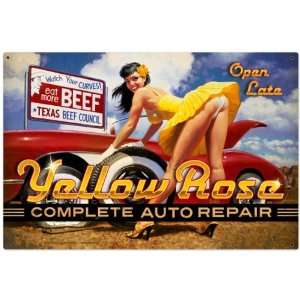  Yellow Rose Pinup Girls Metal Sign   Garage Art Signs: Home & Kitchen