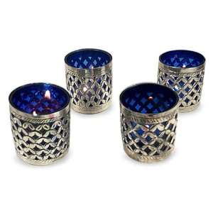  White metal and glass candleholders, Blue Moods (set of 