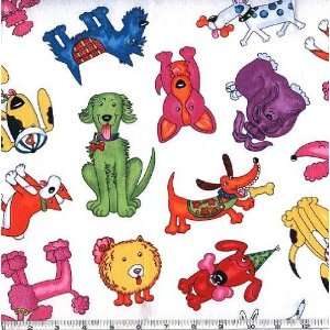   Wide Colorful Dogs White Fabric By The Yard Arts, Crafts & Sewing