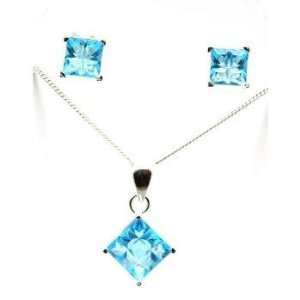    925 Silver Aqua Princess Cut Look Pendant & Earring Set: Jewelry