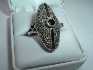 VINTAGE MARCASITE & ONYX STERLING SILVER RING, SZ 7.50  