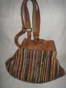 LUCKY BRAND LEATHER PATCHWORK STRIPS SLOUCH DRAWSTRING HOBO BAG PURSE 