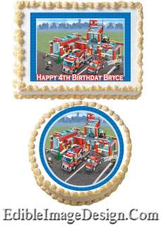 FIRE STATION TRUCK CITY Edible Party Birthday Cake Image Cupcake 