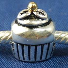   STERLING Silver European Bead CHARM COFFEE CUP / CUPCAKE W GOLDEN TOP