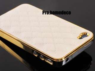 White Deluxe Leather Chrome Skin Gold Hard Case Cover for iPhone 4 4s 