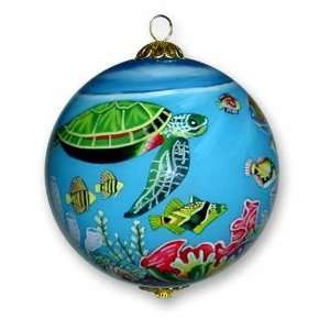   Painted Glass Christmas Ornament Turtles and Fish