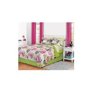  4pc Girl Green Pink Owl Zebra Bird Full Comforter Set 