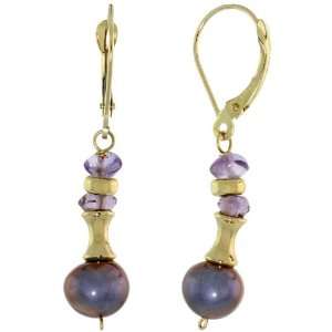    14k Gold Lever Back 8mm Purple Pearl Dangle Earrings Jewelry