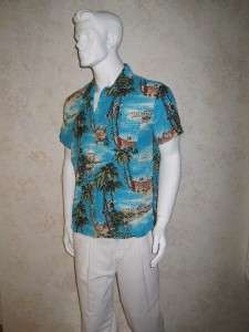 HAWAIIAN Shirt Bright Blue w Palms People Ship etc. M  