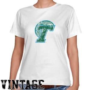 Tulane Green Wave Ladies White Distressed Logo Vintage Classic Fit T 