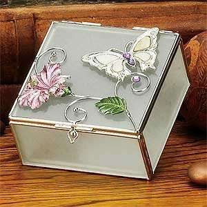  Floral with Butterfly Design Square Glass Jewelry Box