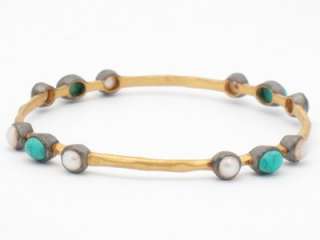 18KT GOLD SILVER PEARL TURQUOISE CUFF BANGLE BRACELET  
