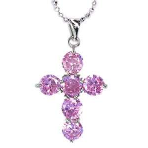 18K WGP Round Pink Sapphire Cross Pendant Necklace  