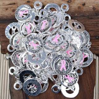 50 Wholesale PINK Ribbon Round Dangle Beads Fit Charms  