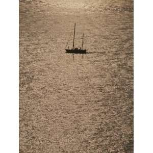 Silhouetted Sailboat on Sun Reflected Water, Cinque Terre Stretched 