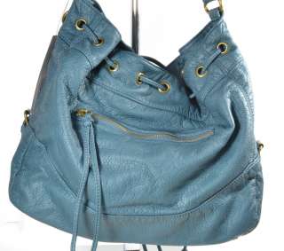 New Teal Blue Faux Leather Drawstring Handbag with Zipper Detail by 