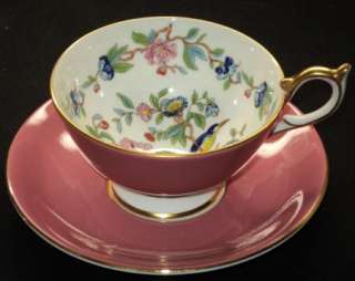 AYNSLEY BIRD PINK GRANDULOUS PEMBROKE Tea cup and saucer  