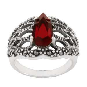   Silver Marcasite Filigree Garnet Color Glass Ring, Size 6: Jewelry