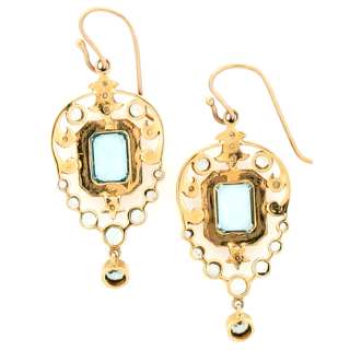 Antique Aquamarine & Pearls Ladies Hanging Earrings 14k  