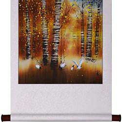 Cranes and Birch Trees Wall Art Scroll Painting (China)   