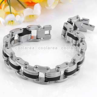   Steel Black Rubber Chain Bangle Bracelet 8 Wristband C004  