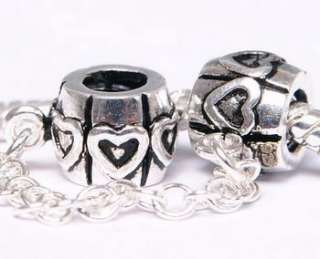  925 Silver Bead 4 European Bracelet CHARM SAFETY CHAIN CLOUD / HEART 