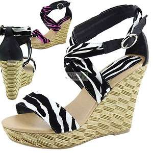 Ankle Straps Zebra Pattern Stripes Wedges High Heel Dress Platform 