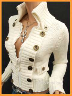 Smart Button Embellished Zip Front Cardigan Sweater Top  
