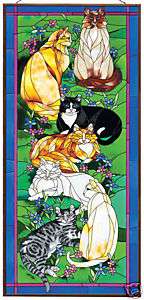 TIFFANY CATS * 17x37 STAINED GLASS WINDOW ART PANEL  