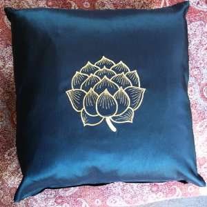 Contemporary Thai Silk Throw Pillow, Gold Embroidered Blooming Lotus 