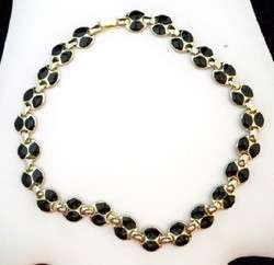Vintage Black Enamel Design on Goldtone Round Link Necklace R9  