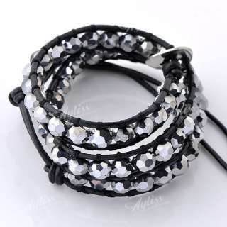   Fashion 6mm Crystal Glass Beads Leather Wrap Cuff Bracelet Woven