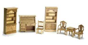 OAK LIBRARY SET BOOK CASES DESK AND CHAIRS DOLLHOUSE  
