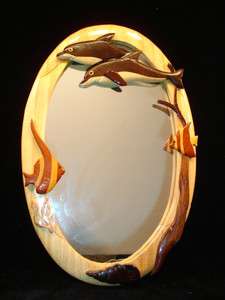   Hand Carved Wood Art Intarsia DOLPHIN MATES Wall Mirror FISH DOLPHINS