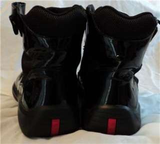 PRADA~ Americas Cup High Top Sneaker Black/Red Patent Leather (Men 