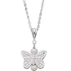   Silver Youth Butterfly And Pearl Necklace W/ Packaging 12.38X13.50 mm