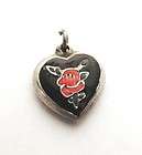 Vintage Sterling Silver Enamel Red Rose Puffy Heart Cha